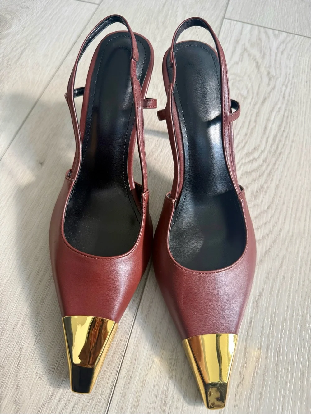 Women’s Brown Slingback Pumps with Gold Cap Toe